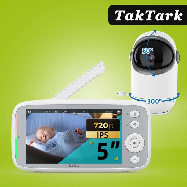 Moniteur vidéo pour bébé, 5 pouces, 720P, avec Zoom panoramique et inclinaison, caméra de Surveillance, interphone bidirectionnel, Vision nocturne automatique, écran IPS, pour bébé nounou 1