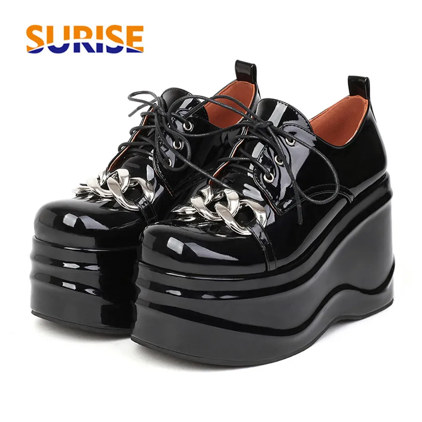

Sweet Women Platform Pumps Black Blue Patent Leather High Height Increased Heels Party Lady Square Toe Chain Lace-up Wedge Shoes