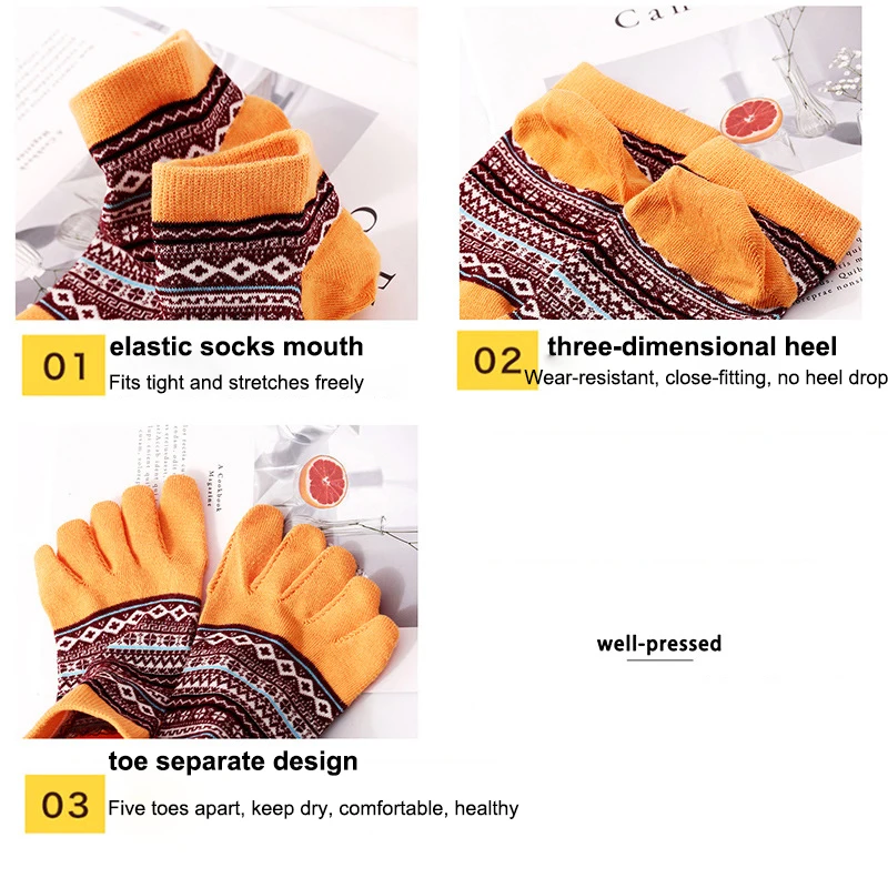 5 Pairs Bohemian Style Ankle Socks with Toes Woman Girls Short Harajuku Cotton Sock Colorful Invisible 5 Finger Socks Fashions