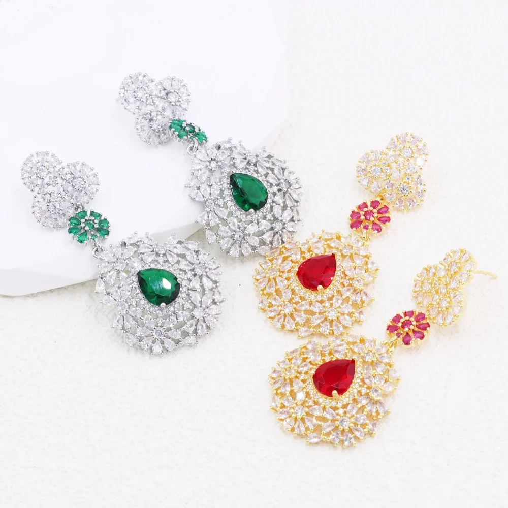 Luck High Quality Women's Wedding Elegant Jewelry Sparkling Luxury Green Ruby Cubic Zirconia Stone Pendant Bohemian Earrings