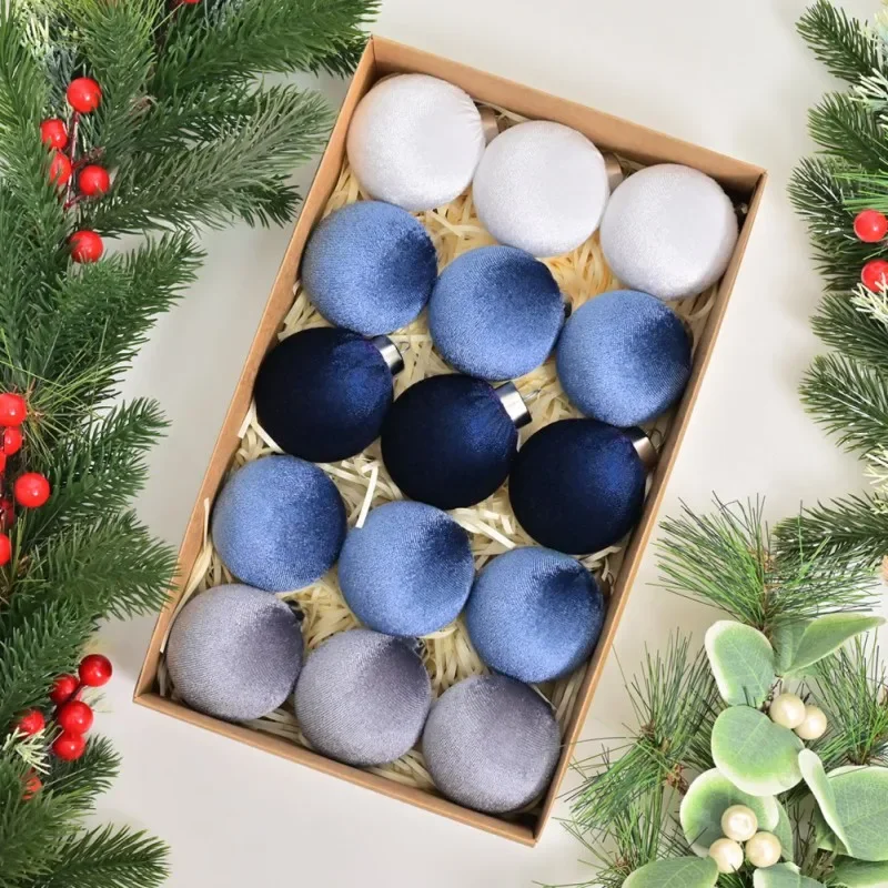 thumbnail image 1 of Juego de 15 bolas navideñas para árbol de Navidad, adornos flocados para árbol de Navidad, bolas colgantes de terciopelo para decoración navideña, 1 of 5