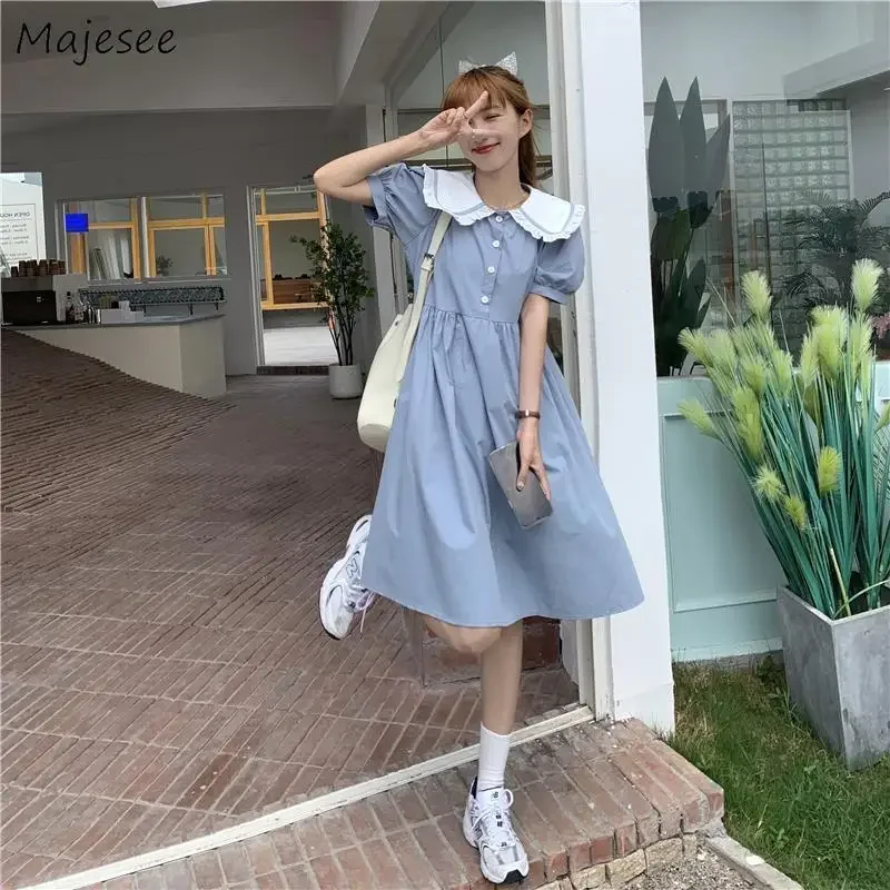 

2024 Dress Women Summer Sweet Vintage Japanese Style Peter Pan Collar Vestidos All-match A-line Fashion Casual Simple