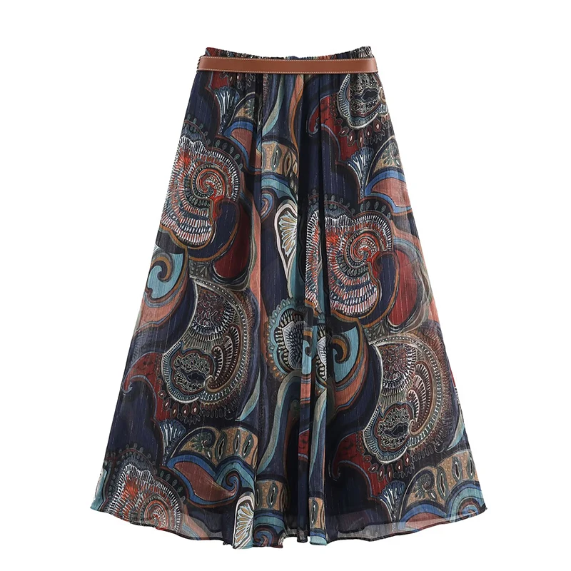 Chic Elegant Pleated Long Skirts For Women Fashion 2025 New With Belt Vintage Printed Midi Skirt Street Casual Holiday Skirts