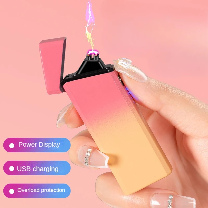 Mini Portable USB Rechargeable Double Arc Lighter Windproof Flameless Trendy Gradient Color Arc Cigarette Lighter