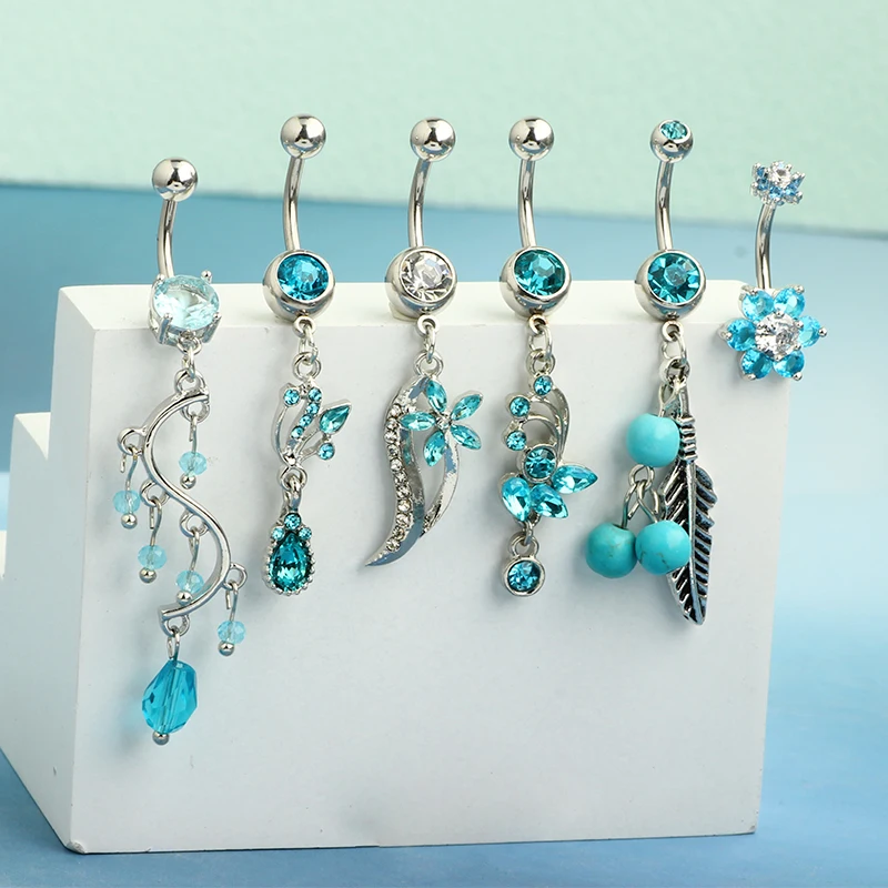 1-6PCS Blue Crystal Belly Button Rings Stainless Steel Heart Navel Piercing Barbell For Women Butterfly Belly Ring Beach Jewelry