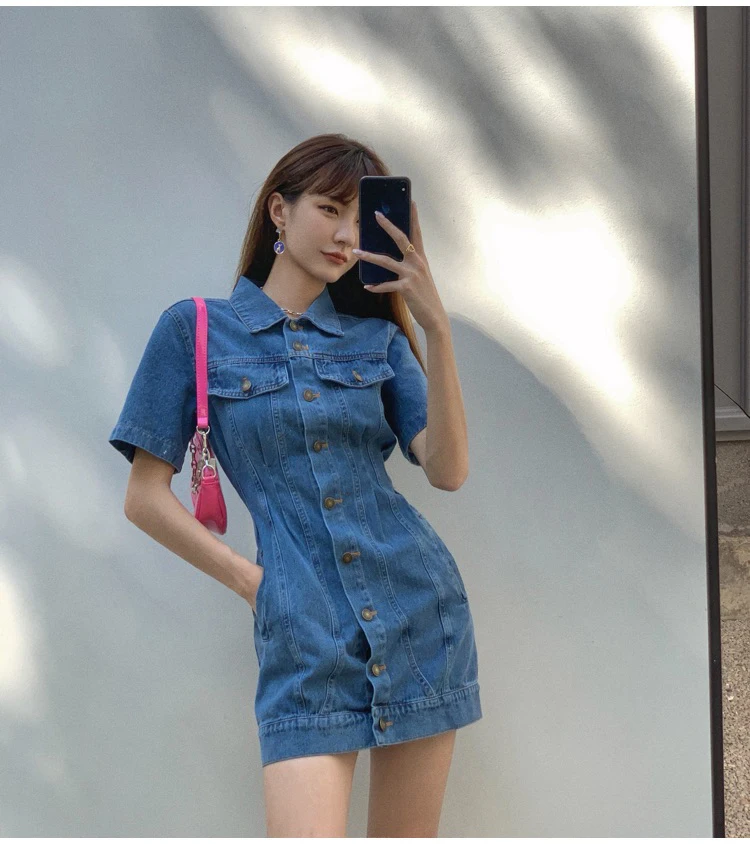 Vintage Short-sleeved Button Jean Dress Female Korean Fahsion 