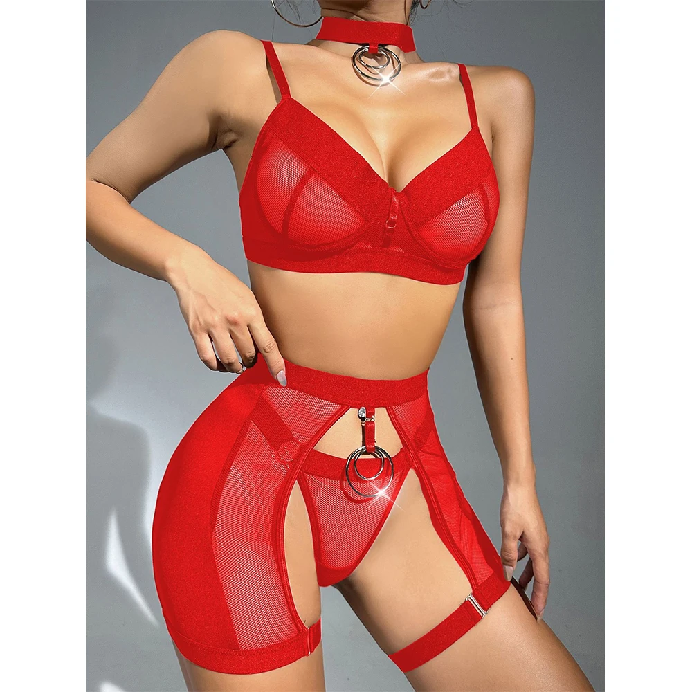 

SXTHAENOO 2023 New Fashion 3-Piece Cut Out Mesh Erotic Set Women Transparent Sexy Lingerie Black Set Open Back Thong Garter Kit