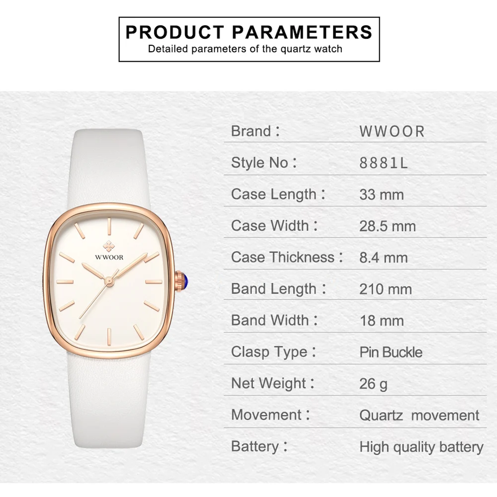 WWOOR Women's Watch Top Brand Luxury Waterproof Dress Watch for Women Fashion Leather Ladies Quartz Wristwatch Relogio Feminino