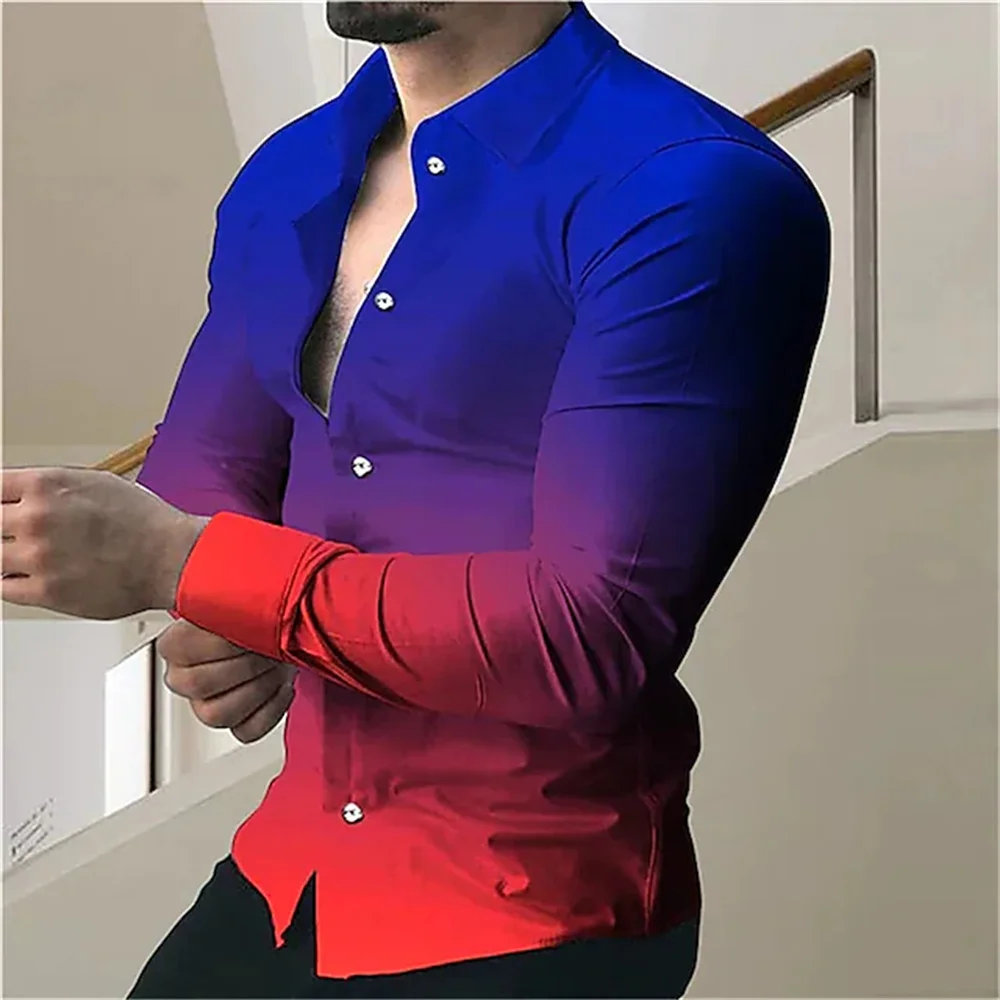 Men's Shirts 2023 Summer Gradual Graphics Print Volume Decrease Rainbow Freedom Street Long Sleeve Button Fashion Shirt 6XL