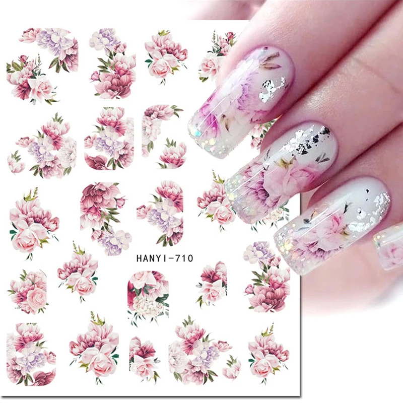 

3d Nail Art Stickers Full Tips Pink Peony Flowers Leaves Adhesive Sliders Decals For Nails Decorations Manicure Accessories