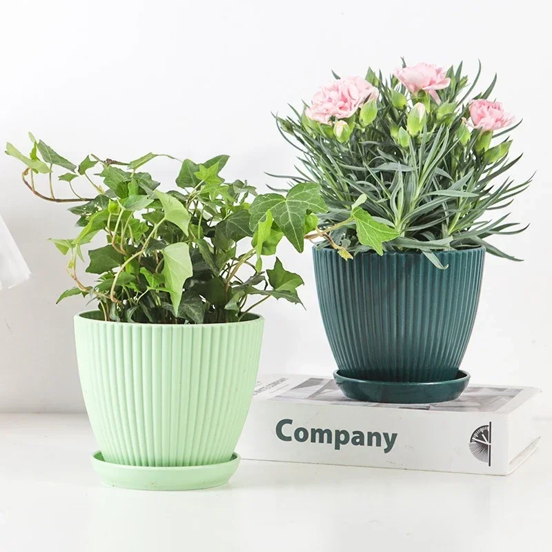 Flower Pot Plastic Flower Pot Succulent Potted Round Pot With Tray Vertical Striped Planters Double Layer Bonsai Home Office Desktop Decor