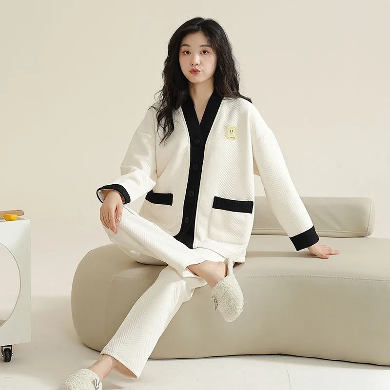 2023 New Autumn Winter Three-layer Sandwich Warm Pajamas Women Thickened Loungewear Pure Cotton Long Sleeved Air Cotton Homewear