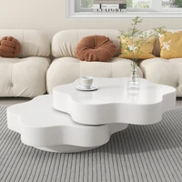 Table basse en forme de fleur 74,8*67,5*31cm, plateau supérieur 360 °   Table basse pivotante pour salon, double plateau, 2 niveaux de rangement, capacité totale recommandée 30 kg, MDF, blanc crème 3