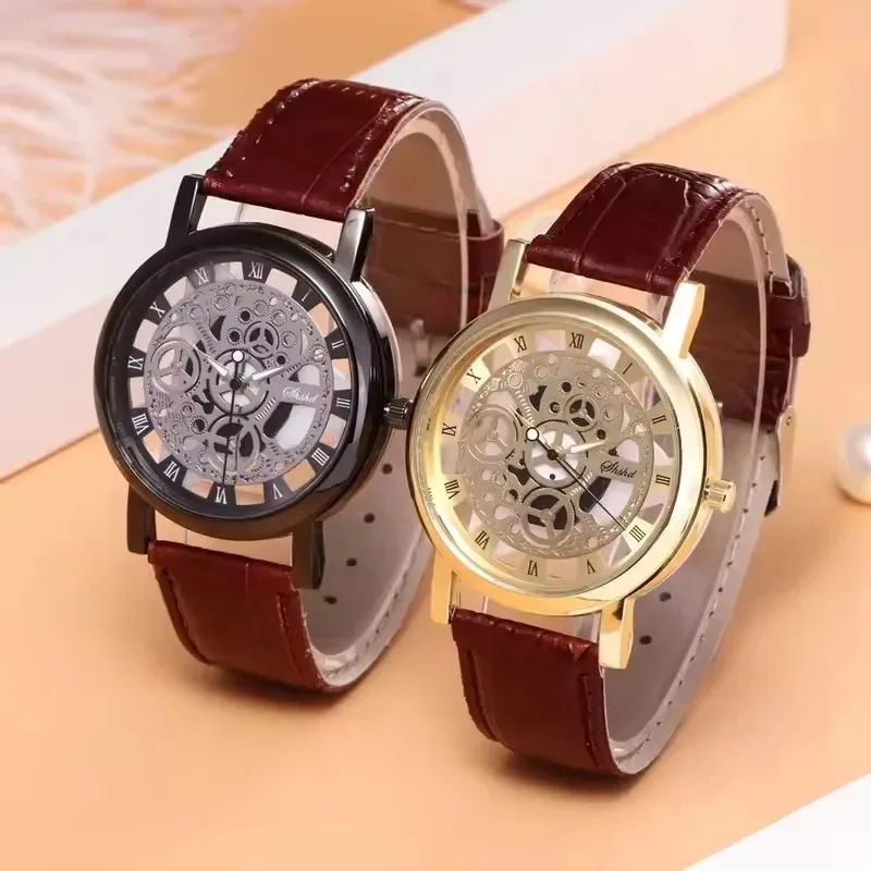 New Men's Hollow Fashion Business Watch Casual Leather Belt Quartz Wristwatches Christmas Gift for Men