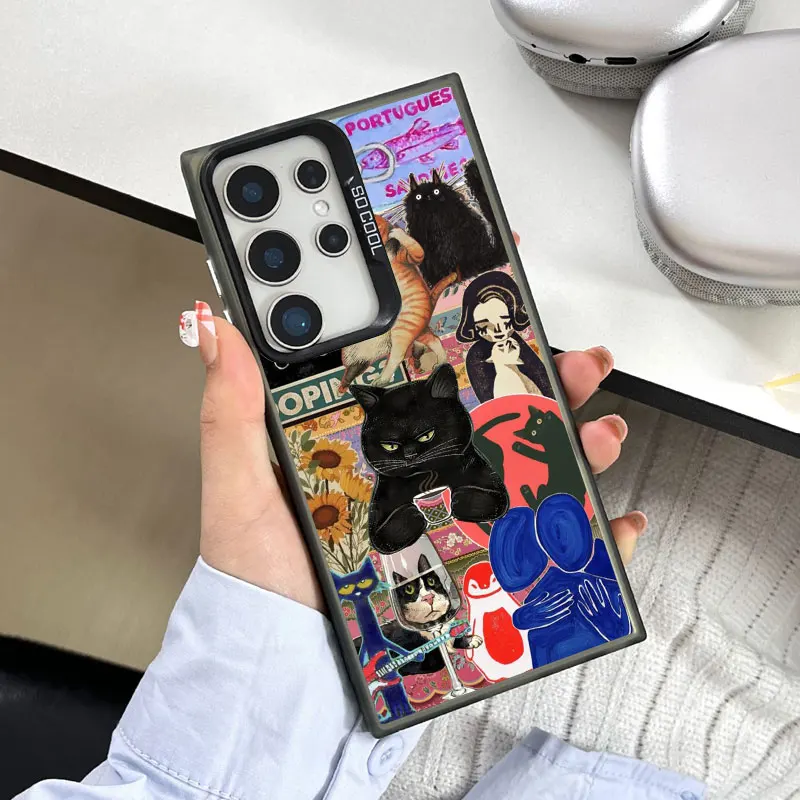Künstlerische Bildnähte Black Cat Laser Handyhülle für Samsung S24 S23 Ultra Plus FE S25 S22 Ultra Plus S21 FE stoßfeste Abdeckung – Detail 9