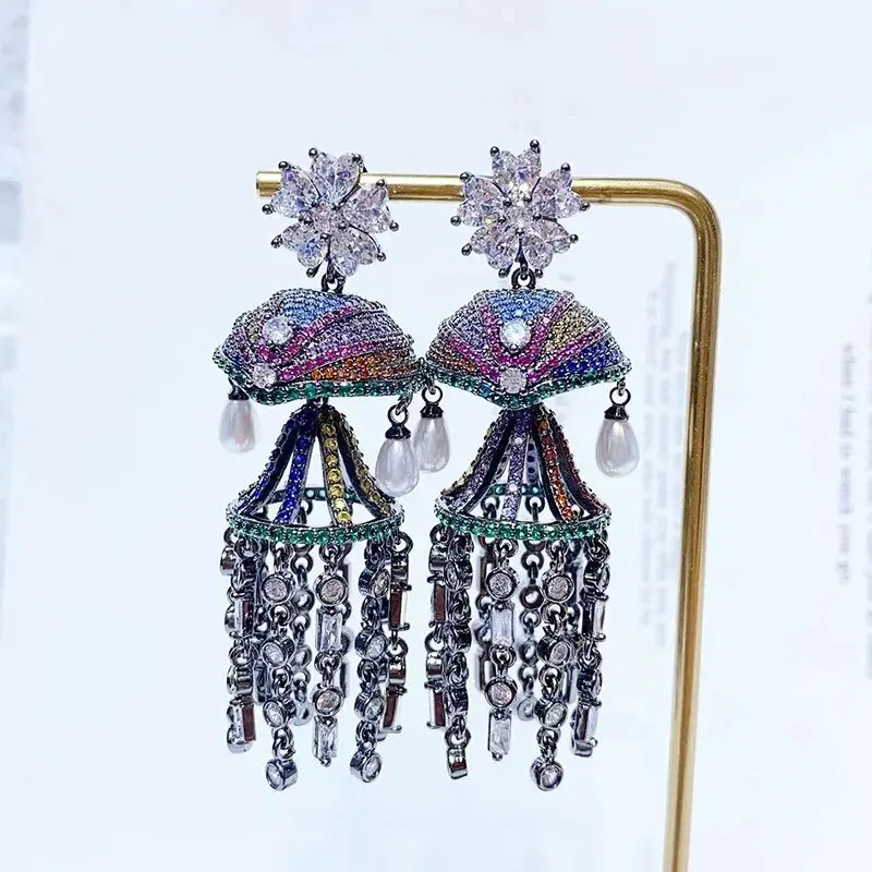 Bilincolor Micro Set Zircon Flower Wind Chime Tassel Earrings