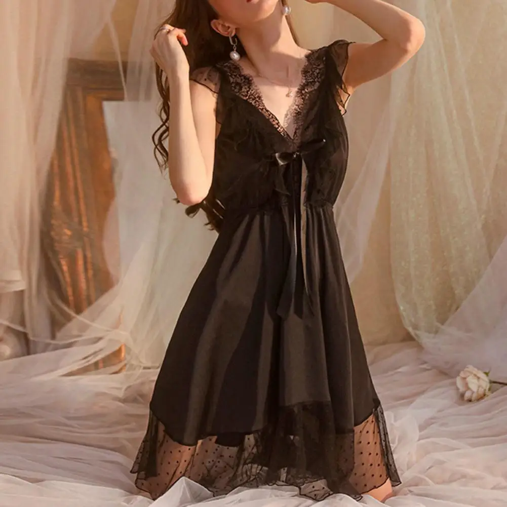 Women Satin Nightgown Suspender Nightgown Elegant V Neck Lace Ruffle with Double-layered Bow-decor Mesh for Women