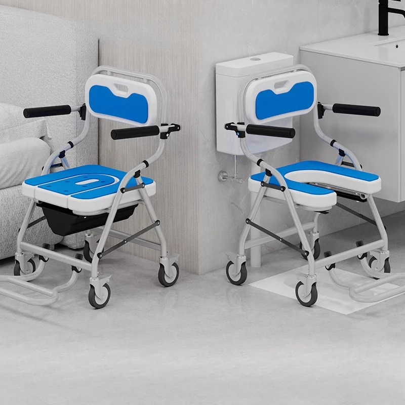 Foldable Bathroom Chair and Mobile Commode Shower Wheelchair for Elderly Handicapped Versatile Bathroom Chair Rotatable Handrail