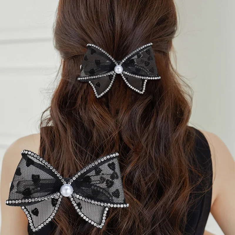 

CHIMERA Large French Fabriic Hair Barrettes Elegant Heart Printed Rhinestone Bow Hair Clip for Women Ponytail Holder Headdress