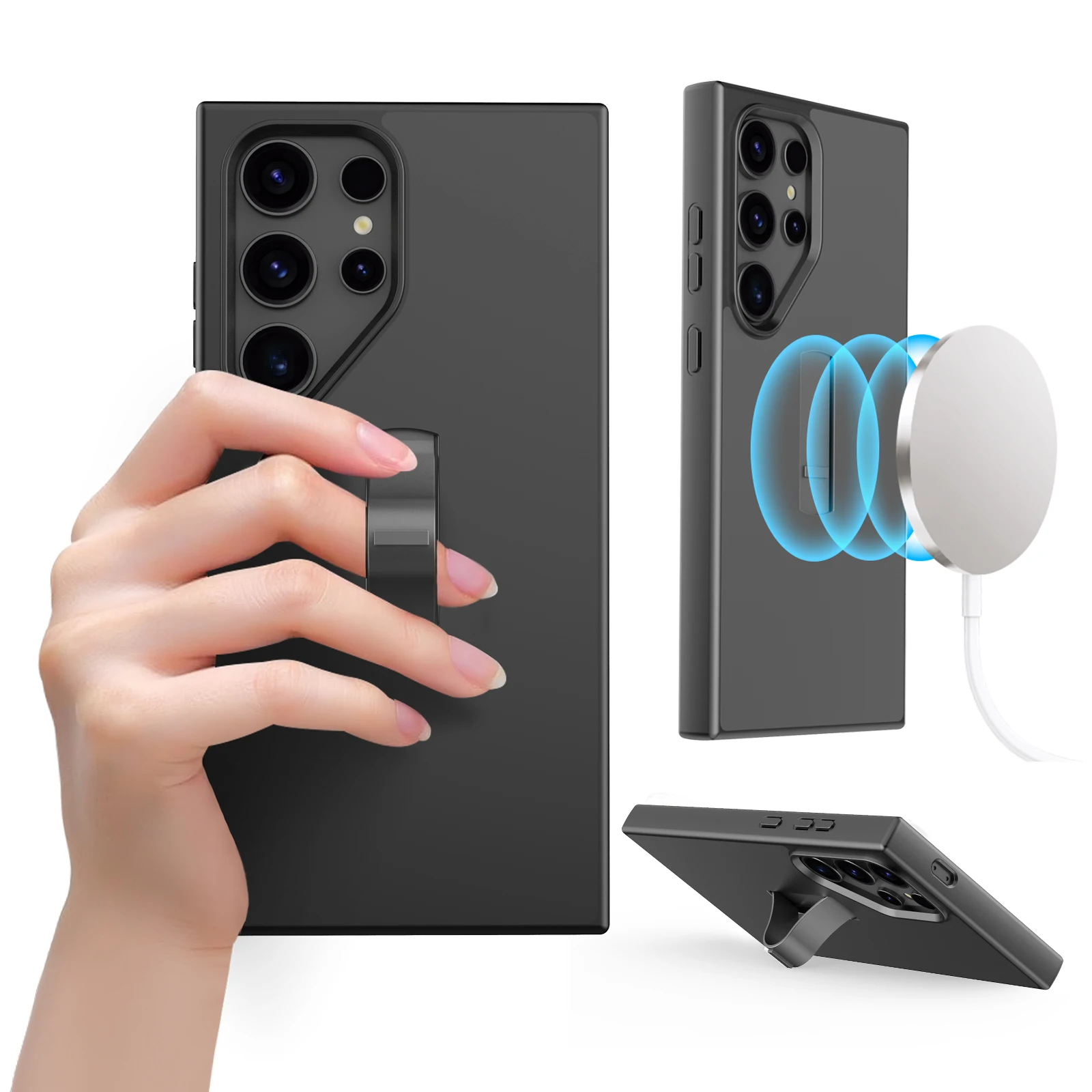 Per Galaxy S24 Custodia per telefono ultra magnetica con supporto Custodia con impugnatura per dito satinata Nera Elegante semplice compatibile con MagSafe