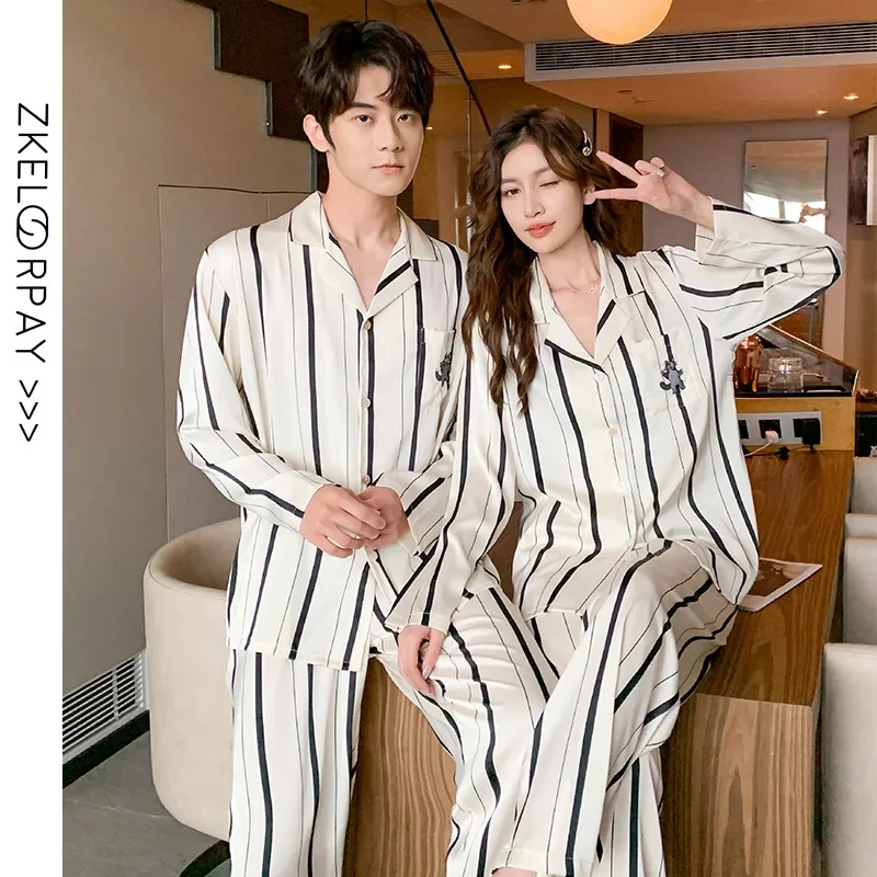 

New Ice Silk Lovers' Pajamas Long Sleeve Household Garments Spring and Autumn Nightwear Women's and Men's Nightie Sleepwear