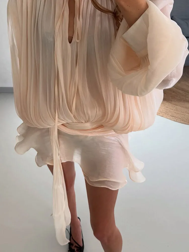 Chic Women Lace Up V-neck Lantern Long Sleeve Mini Dress Elegant Fold Sexy Flounce Hem Vestidos 2025 Summer New Vacation Dresses 5