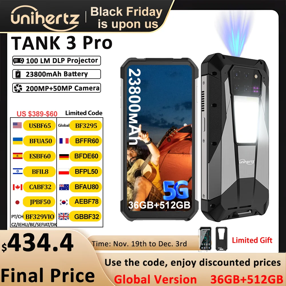 Unihertz Tank 3 Pro 8849 Smartphone with 100 Lumens 120Hz Projector 32GB+512GB 5G Phone 23800mAh 120W Fast Charger 200MP Camera