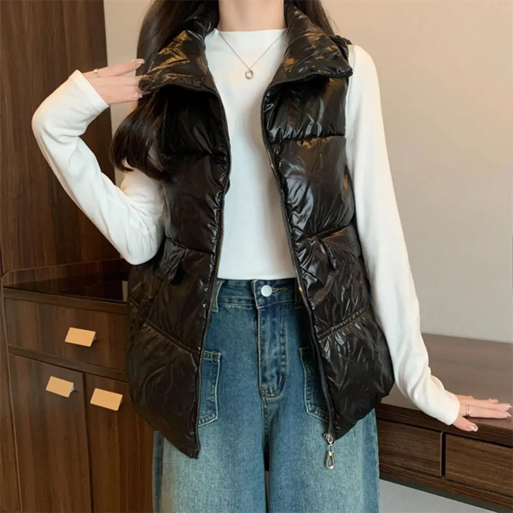 

Women Winter Vest Plus Size Thickened Padded Windproof Heat Retention Sleeveless Solid Color Lapel Pockets Zipper Closure Lady W