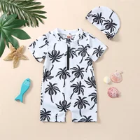 Newborn Baby Infant Boys Swimsuit with Hat Cartoon Tree Print Short Sleeve Round Neck Half Zipper Jumpsuit Bathing Suit 2