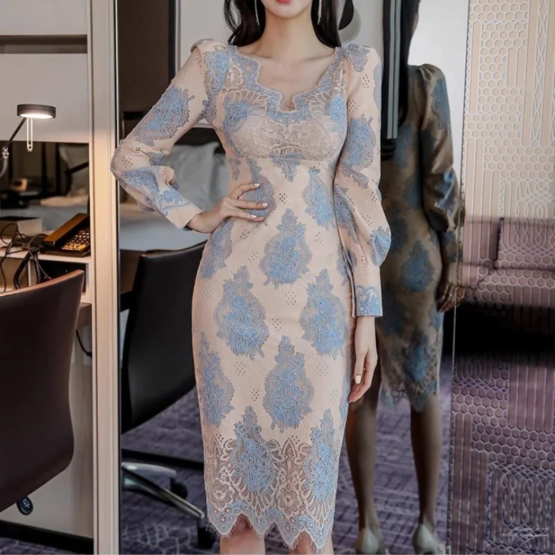 

Blue Floral Lace Dress Women Chic Korean Fashion V-neck Womens Clothing Long Sleeve Streetwear Business Sheath Vestidos