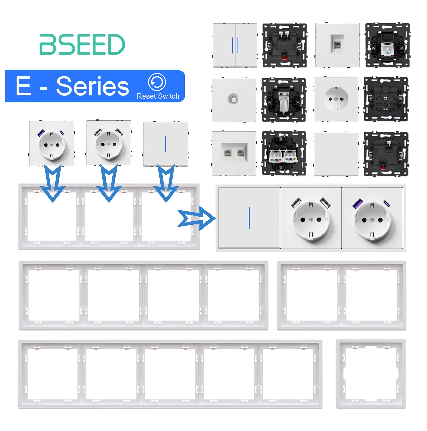 Button Reset Switch Module USB Phone Charge Socket Parts Wall Light Switch Key Insert Plastic Frame Combination E Series