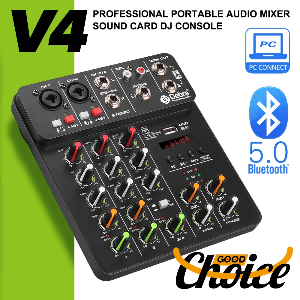 Debra V4 4 채널 오디오 믹서, Bluetooth USB 48V 팬텀 전원 지연 사운드 믹싱 콘솔 PC 녹음 용 반복 효과