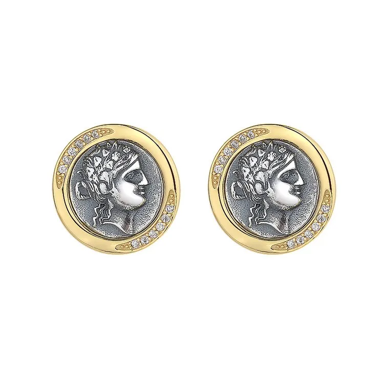 

JS-2 ZFSILVER 925 Silver Fashion High Quality Gold Retro Greek Dionysus Ancient Coins Earrings Jewelry Women Match-all Girl Gift