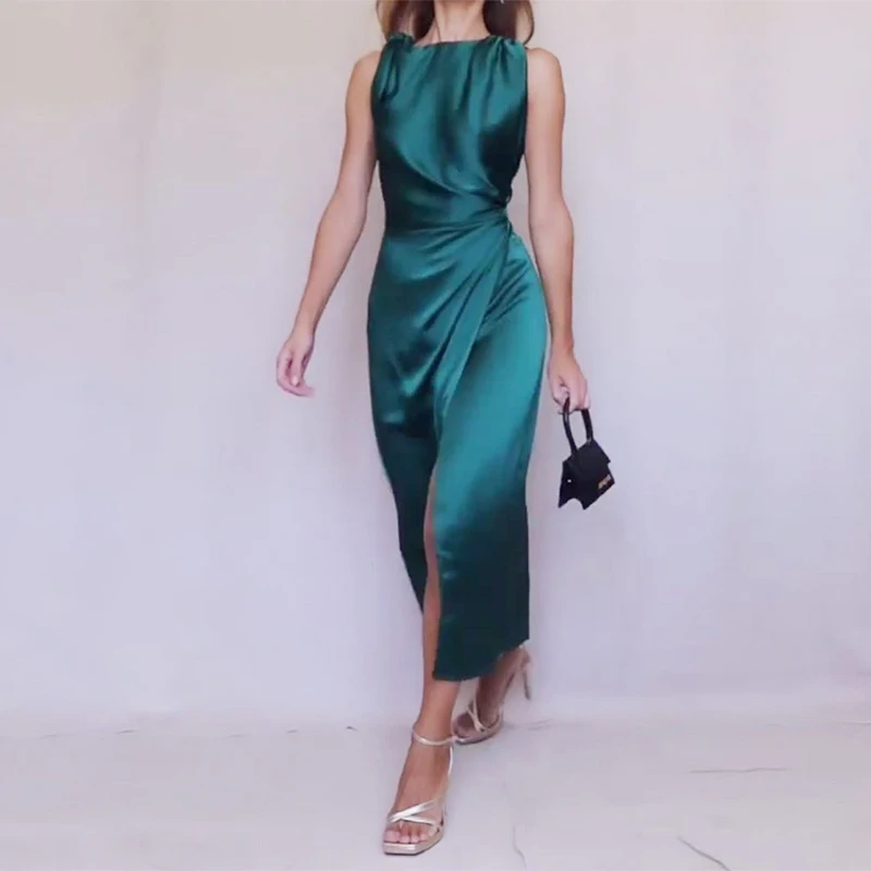 

Angel Custom Green Satin High Slit Mermaid Pleat Evening Dress Ankle-Length Sleeveless Formal Prom Gown