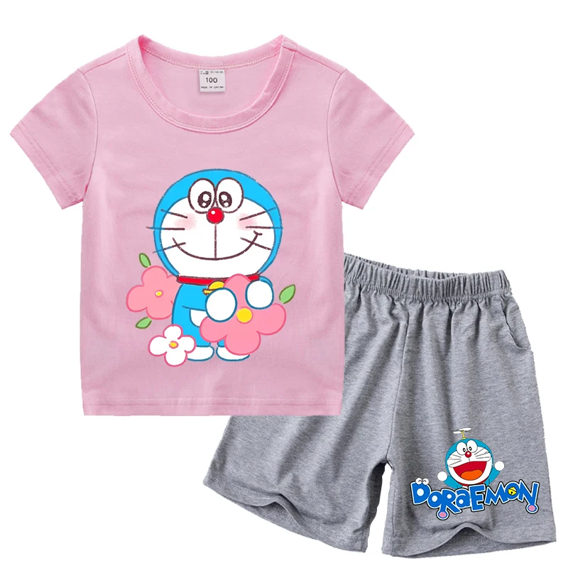 Children's Cartoon T-Shirt & Shorts Set - Anime Character Print Summer Casual Clothing