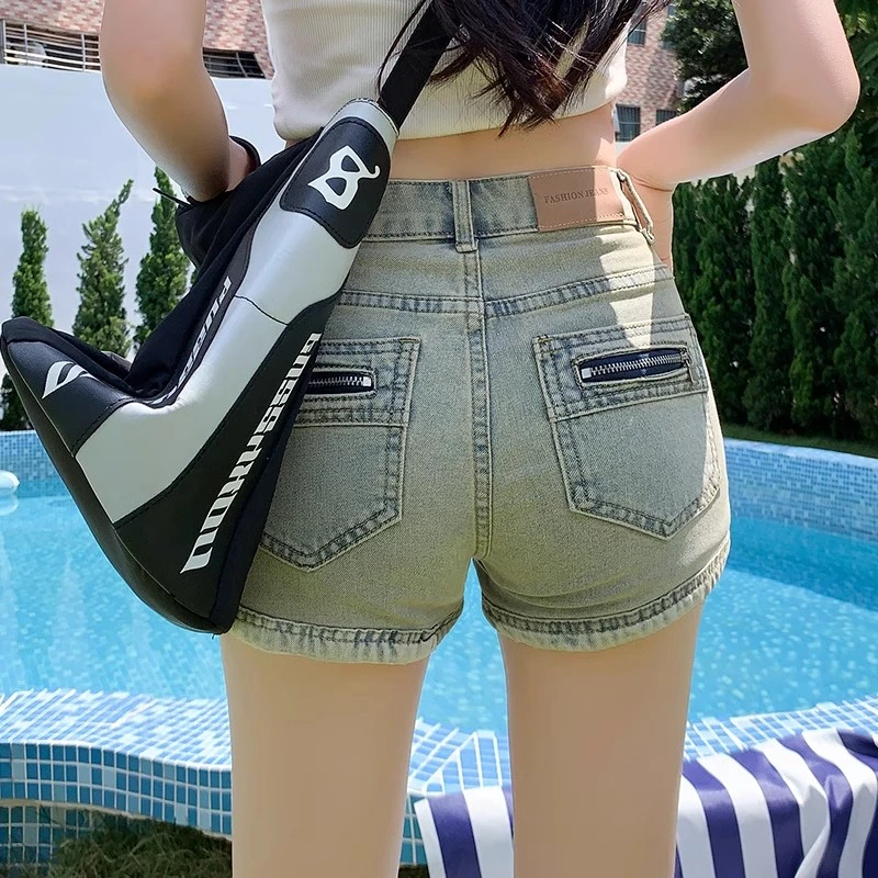 American Spice Girls denim shorts female summer 2024 new high-waisted elastic thin straight a word super short hot pants