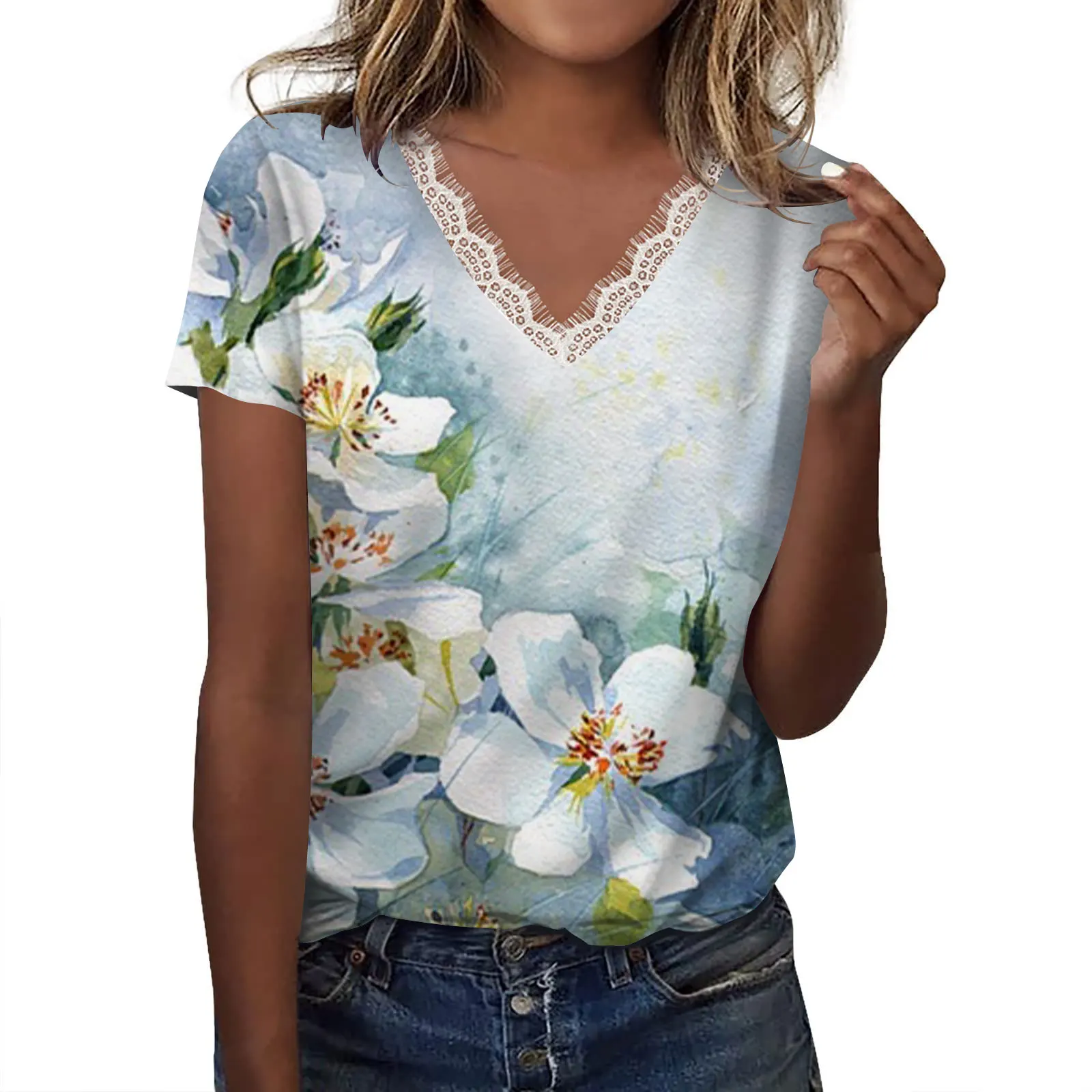 

Women'S V-Neck Lace T-Shirt Summer Fashion Top Loose Short Sleeve Flower Print Clothing Street Trend Women'S Short SleeveT-Shirt