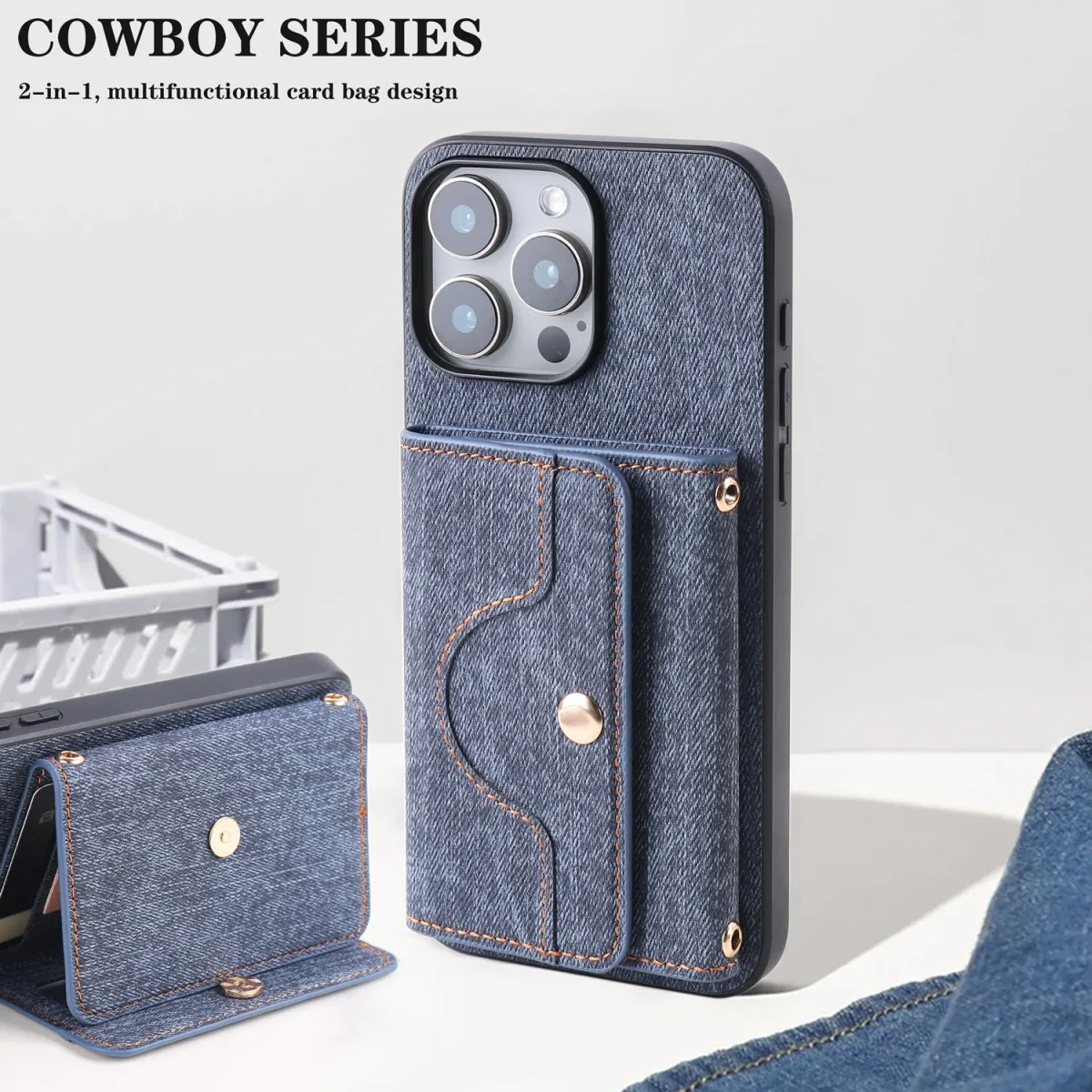 Denim Textured TPU+PU Leather Case with Rope Hanging Mirror Card