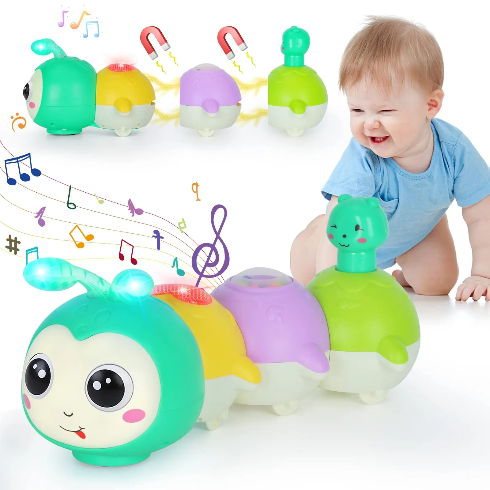 

Baby Crawling Caterpillar Musical Interactive Toy Infant Tummy Time Sensory Early Education Toy with Magnetic Music Light up