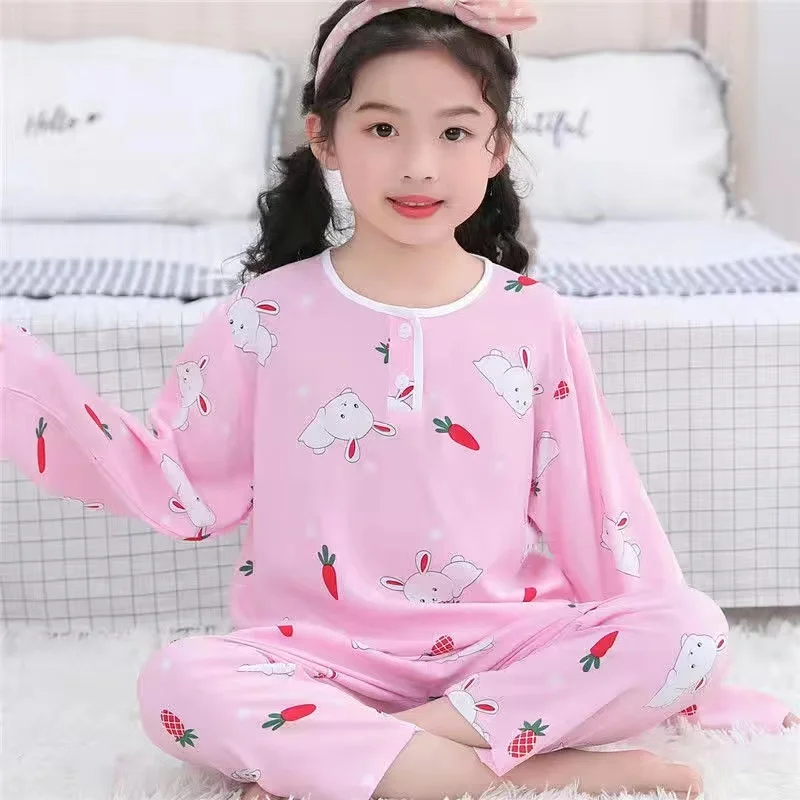 Summer Children's Cotton Silk pajamas Boys And Girls Home Clothes Baby Long-sleeved + Trousers Two-piece Kid's Brethable Suit cute pajama sets	 Sleepwear & Robes