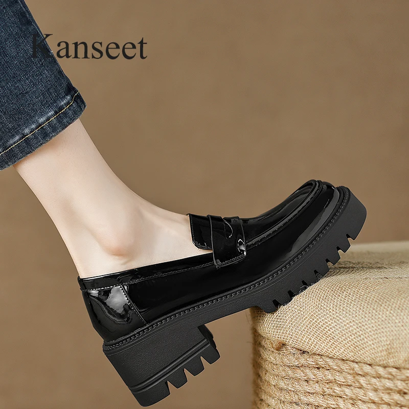 

Kanseet Loafers Patent Genuine Leather Women Shoes New Arrival Spring Platform Round Toe Casual Chunky Heels Ladies Footwear 40