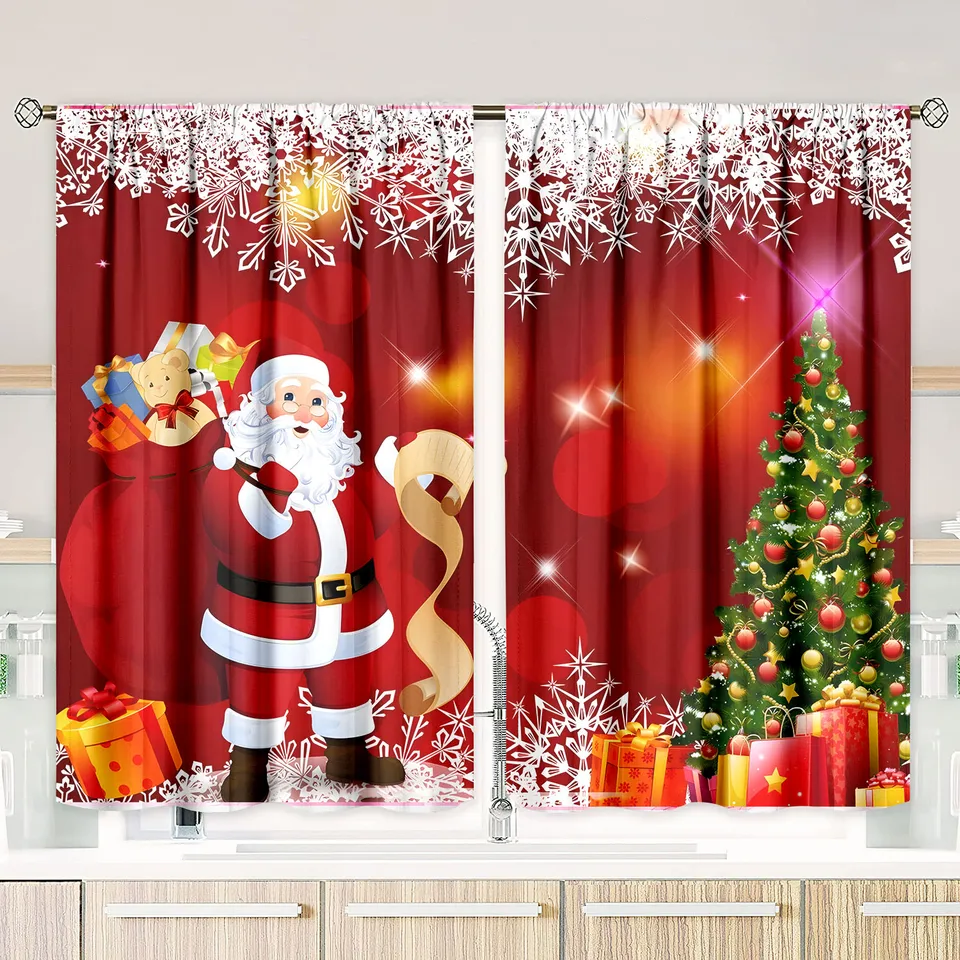 Rideaux De Noël Imprimés Branches De Pin - Taille 75x165 Cm Ou 100x220 Cm - Voilage Polyester Festif Réutilisable