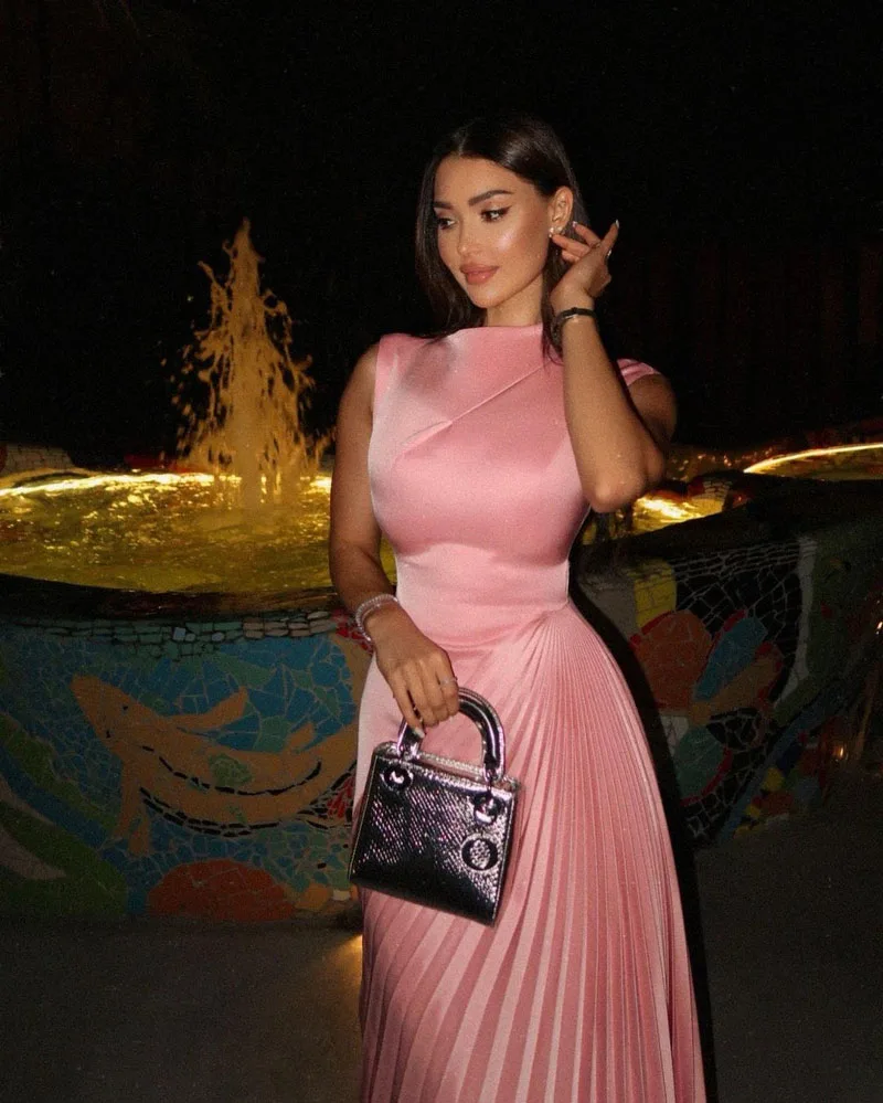 OEING Elegant A-Line Pink Prom Dresses High Neck Side Split Party Gowns Pleats Floor-Length Soft Tulle Dress Customized 2