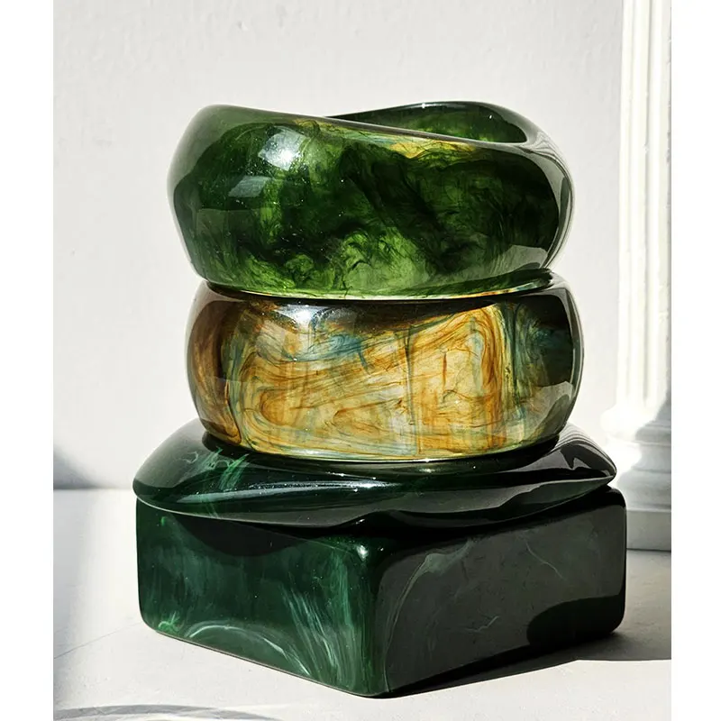 Resin Bracelet Retro Geometric Irregular Square Green Smudge Chunky for Women Girl Vintage Bangle