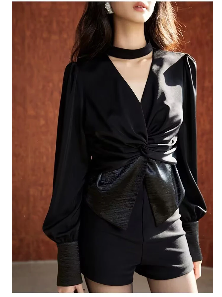 V Neck Halter Women Shirt 2026 Spring New Waist-Cinching Splice Blouse Woman Tops Long Sleeve Loose Elegant Blouses Top ﻿ ﻿