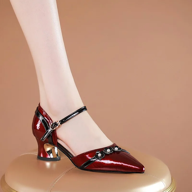 Women Sexy Floral Pumps Med Heels Pointed Toe Metal Heels Ladies Shoes Wedding Party Shoes