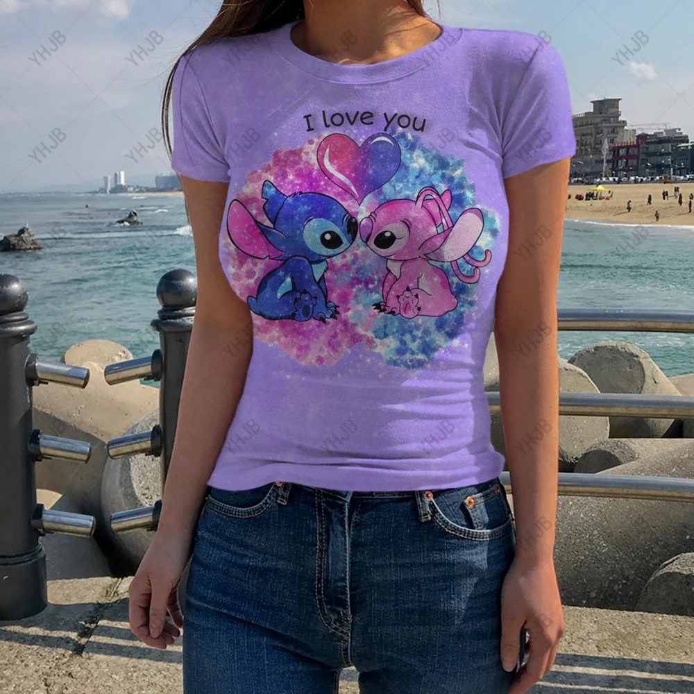 

Women Short Sleeve Top Pure Ladies T-shirt Disney Stitch Print Summer Clothing Slim Pure Color Fashion Round Neck