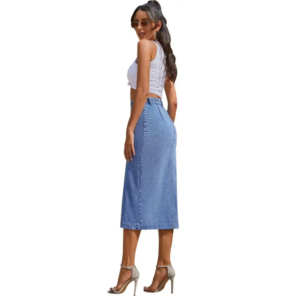 

Denim Skirt Irregular Slit Skirt High Waist Denim Skirt with Irregular Slit Button Placket Stylish for Women for Office