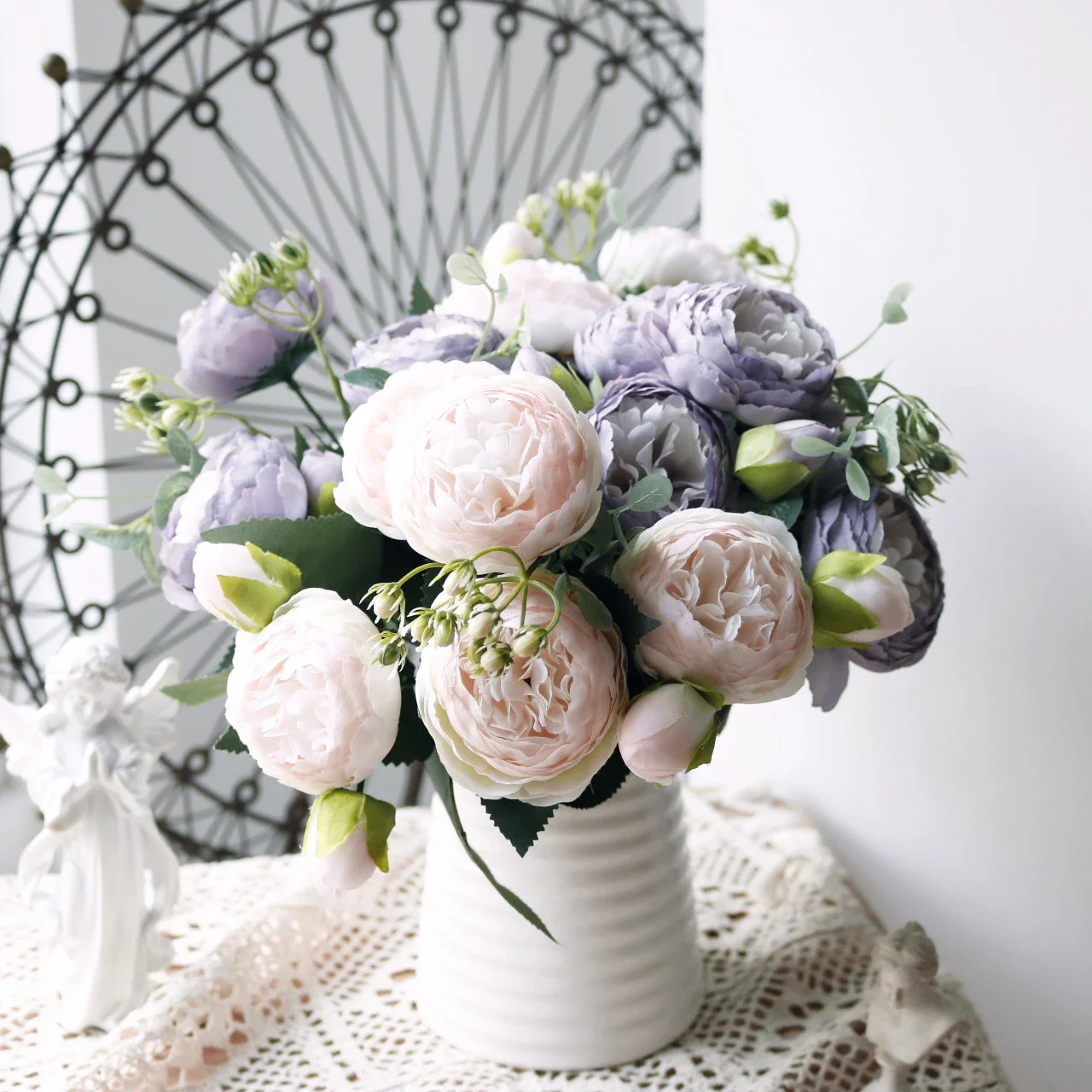 30cm Rose White Peony Artificial Flowers Bouquet 5 Big Head and 4 Bud for Home Wedding Decoration Indoor