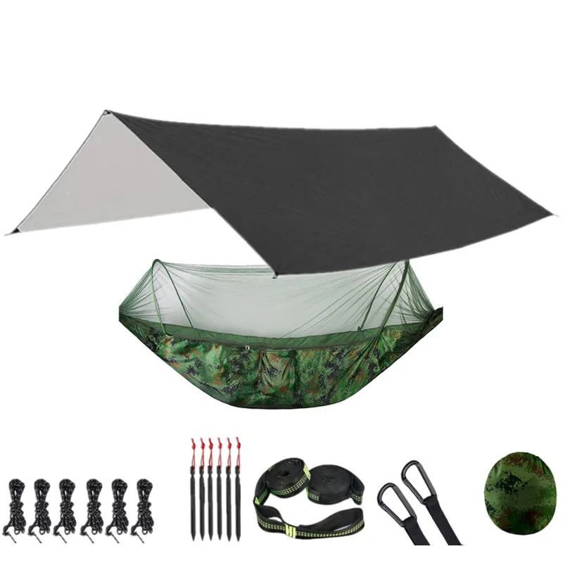 Portable Parachute Outdoor Camping Hammock with Mosquito Net and 118x118in Rain Fly Tarp,10-ring Tree Strap Hammocks Swing 